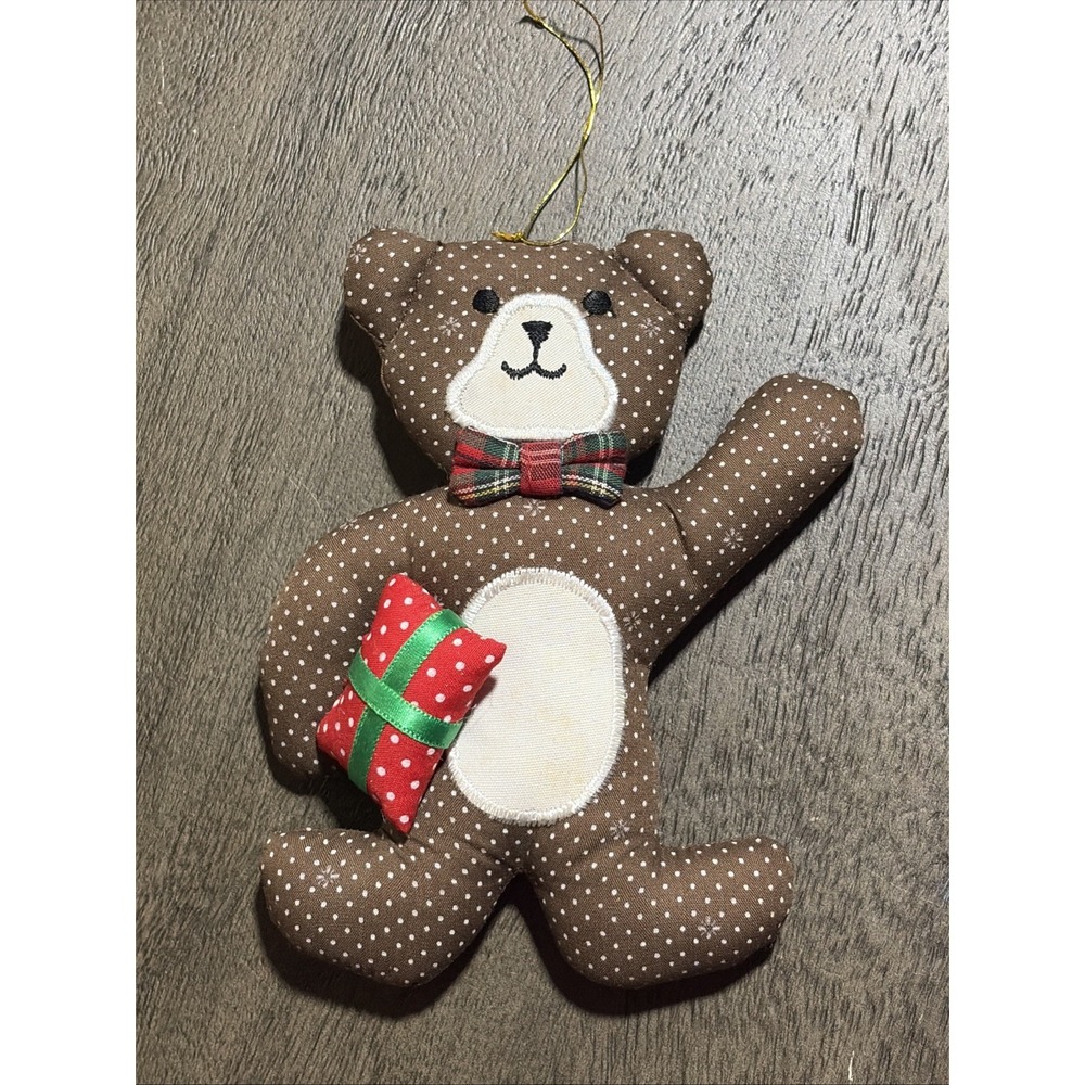 Vtg Kurt Adler Plush Teddy Bear Christmas Ornament Bow Tie Gift Polka Dots 5.5"